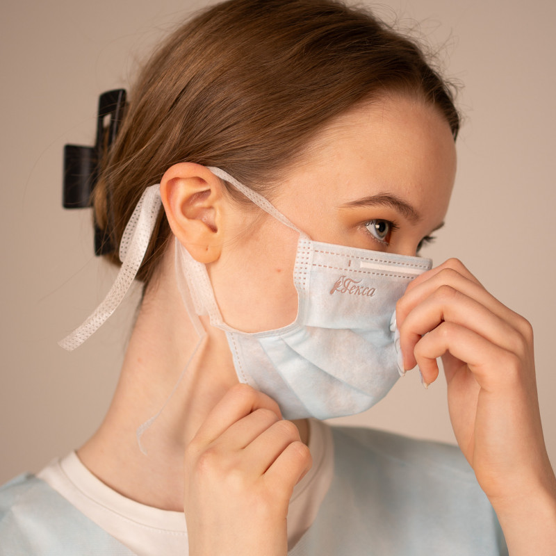 Маска медиц.на завязках, 3-х сл., 50 шт./уп. (голубой)