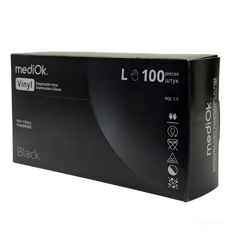 Перчатки виниловые, неопудр., гладкие, черные  (100 шт./уп.) (M)