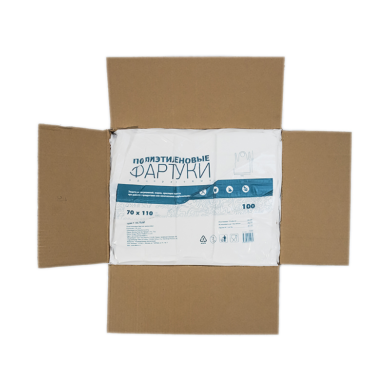 ПЭ фартуки одноразовые (9 мкм) 70*110 см (не медиц), Albens (100 шт/уп, 1000 шт/кор) (7204, белый)